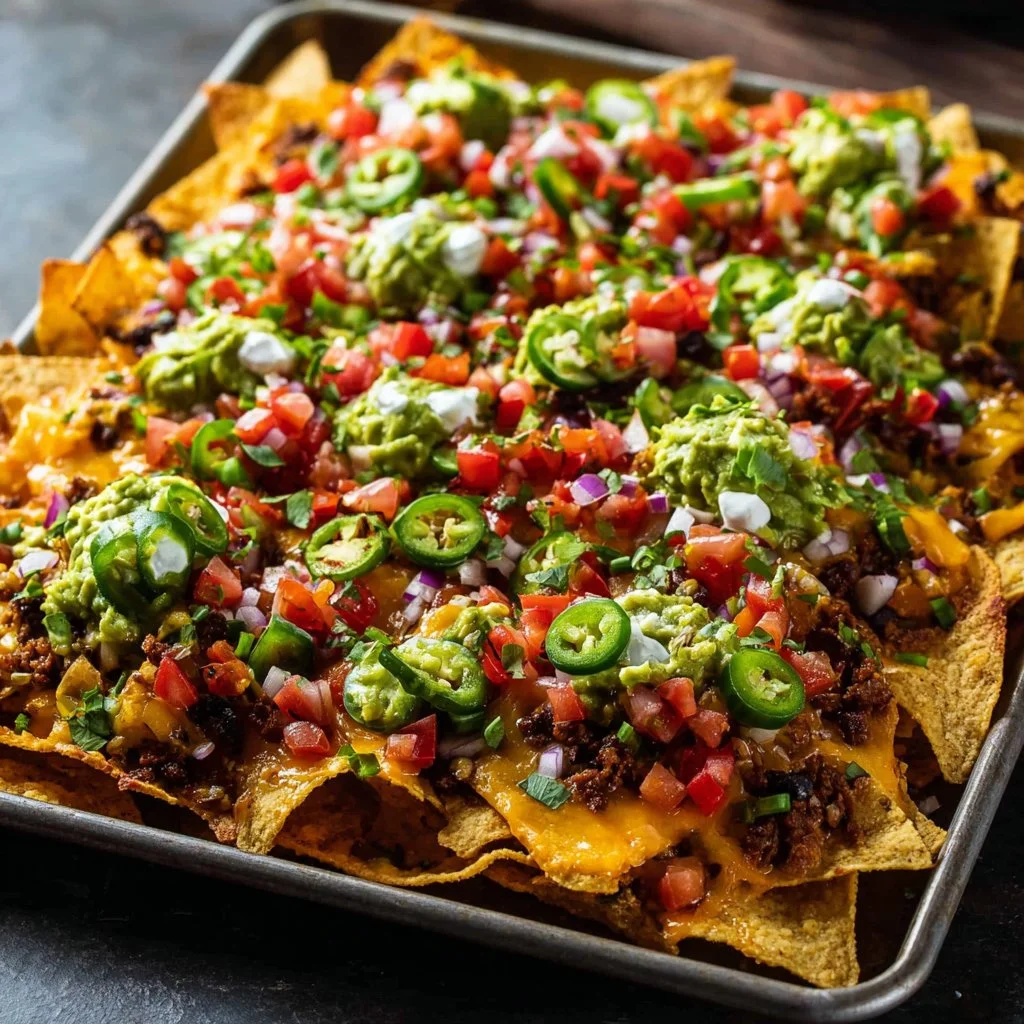 Best Nachos 3 Delicious plate of the best nachos topped with cheese, jalapeños, and guacamole.
