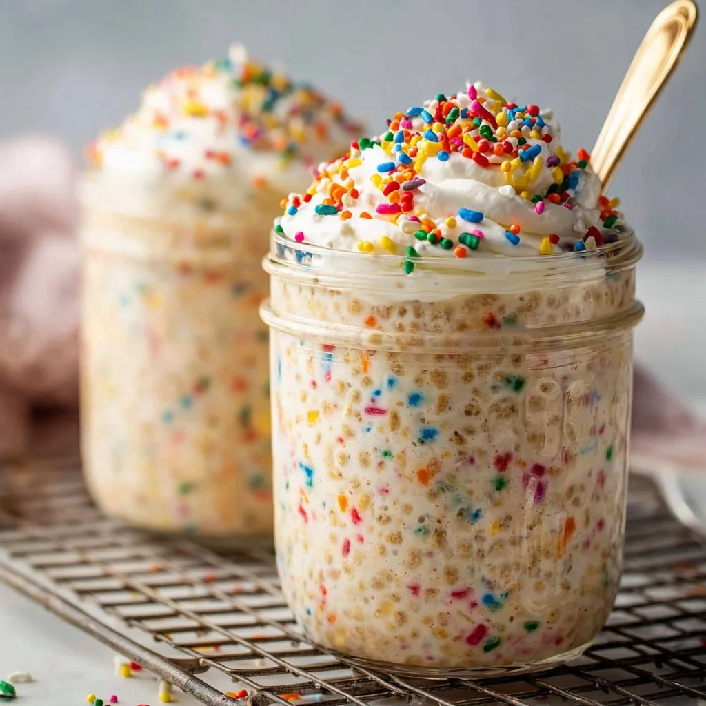 Birthday Cake Overnight Oats 3 Delicious birthday cake overnight oats in a clear jar topped with sprinkles