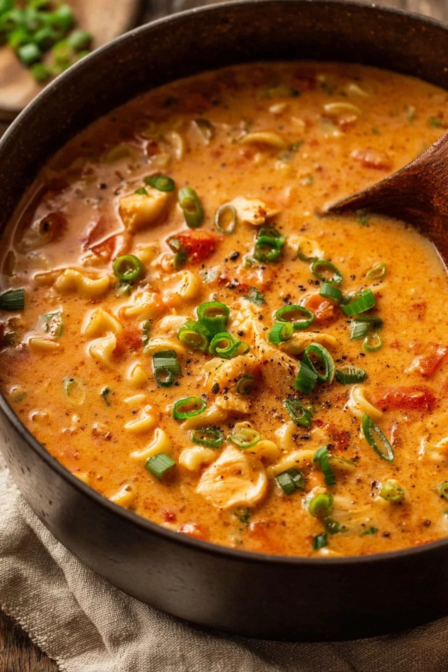 Cajun Chicken Pasta Soup 1 Bowl of Cajun Chicken Pasta Soup garnished with fresh herbs and spices
