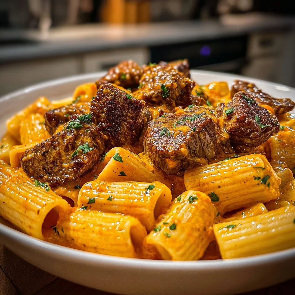 Cajun Steak Tips with Creamy Rigatoni Parmesan 3 Delicious Cajun steak tips served with creamy rigatoni parmesan dish.