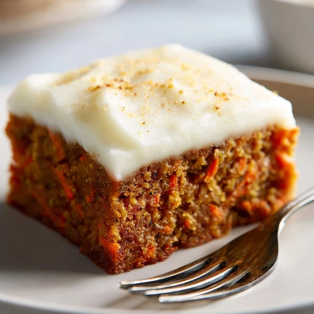 Carrot Cake Bars 3 Delicious carrot cake bars topped with cream cheese frosting on a white plate.