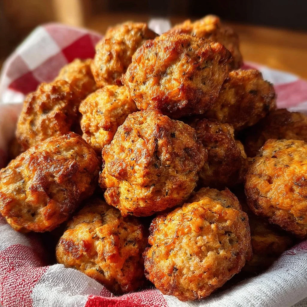 Cheddar Bay Sausage Balls recipe 3 Cheddar Bay Sausage Balls fresh out of the oven, golden and cheesy.