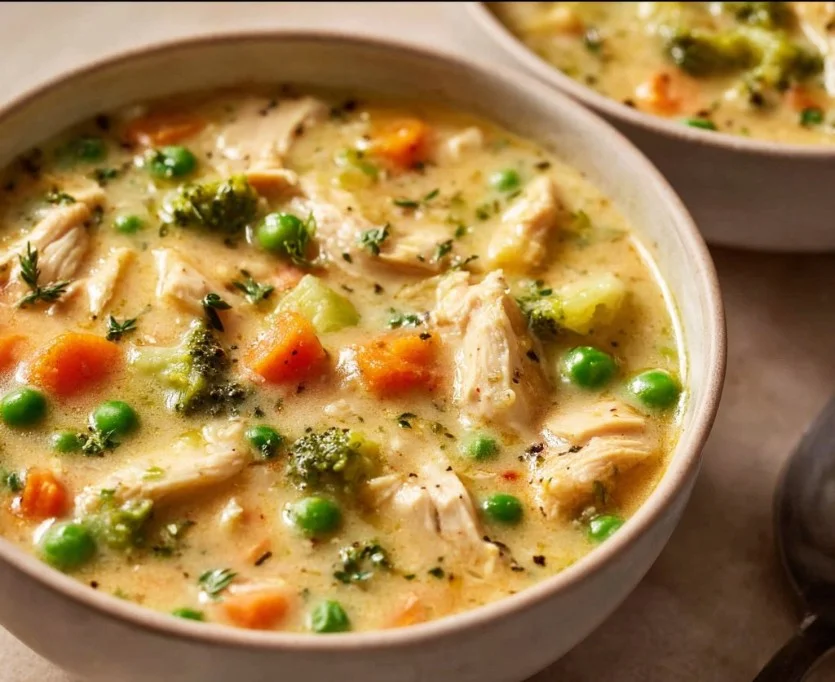 Chicken Pot Pie Soup Recipe 3 Delicious Chicken Pot Pie Soup served in a bowl with fresh vegetables and herbs