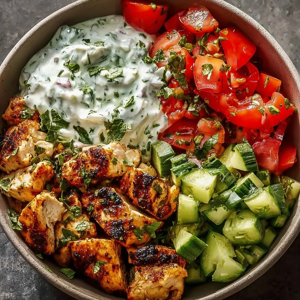 Chicken Tzatziki Bowls 3 Chicken Tzatziki Bowl with fresh vegetables and creamy sauce