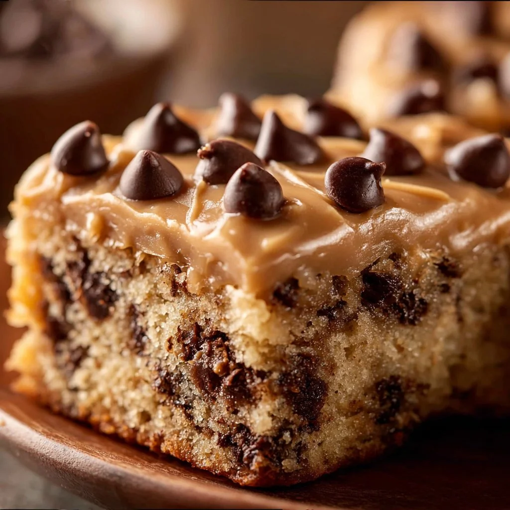Chocolate Chip Sheet Cake 3 Delicious chocolate chip sheet cake served on a rustic wooden table.