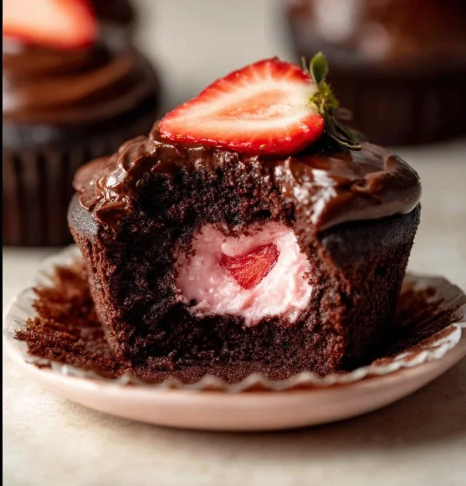 Chocolate Covered Strawberry Buttercream Cupcakes 3 Chocolate covered strawberry buttercream cupcakes with sprinkles on top