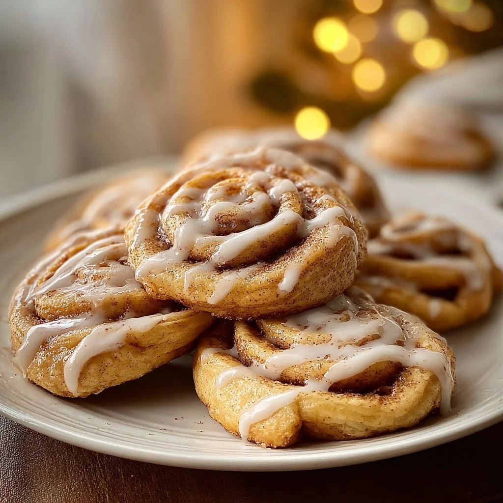 Cinnamon Roll Cookies 3 Delicious cinnamon roll cookies with icing on a rustic table