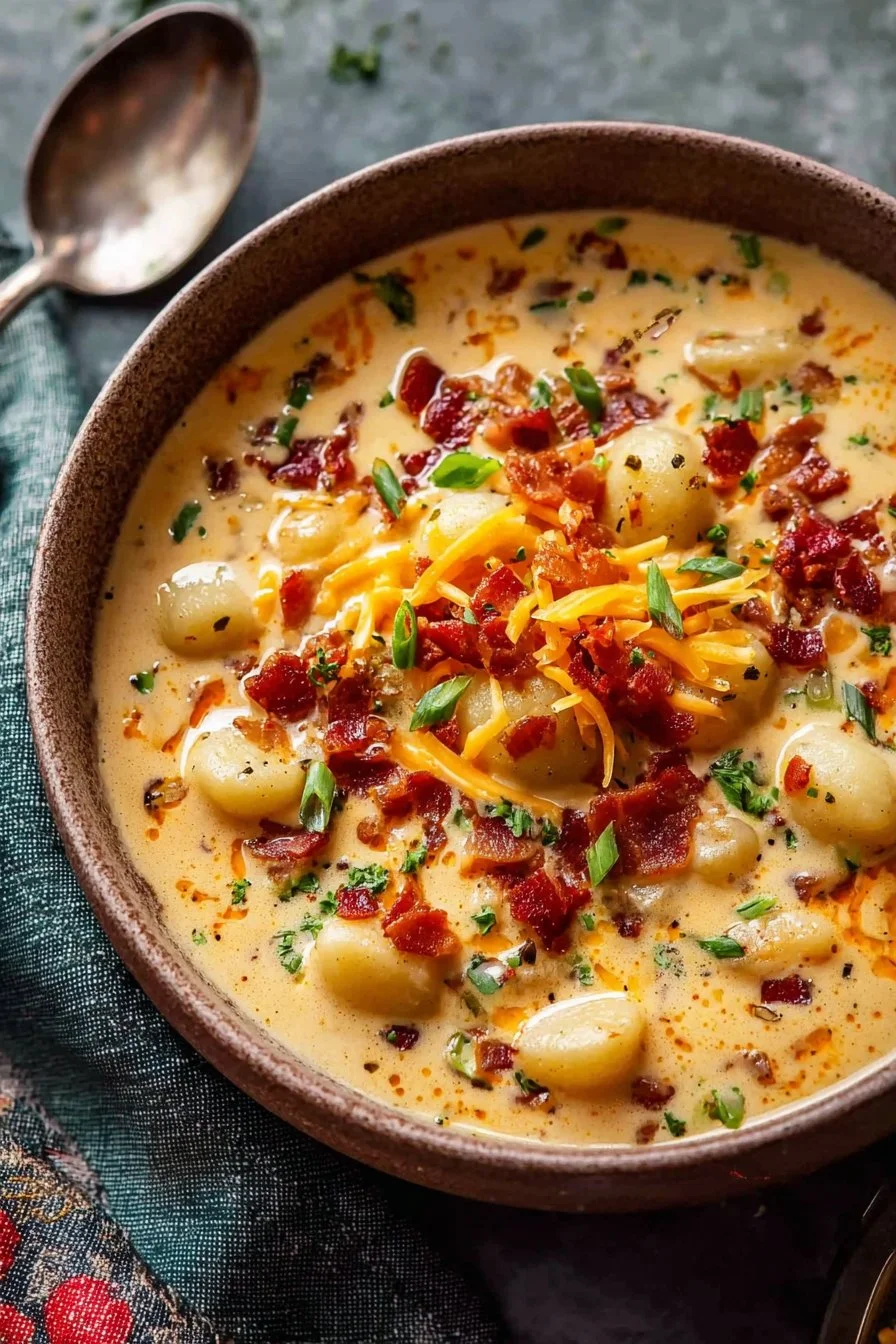 Creamy Bacon and Cheddar Gnocchi Delight 1 Creamy bacon cheddar gnocchi served in a bowl, garnished with herbs.