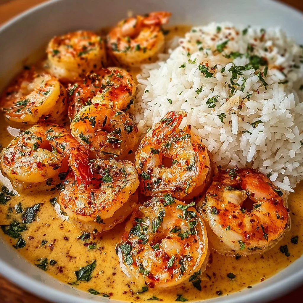 Creamy Garlic Shrimp 3 Plate of creamy garlic shrimp garnished with herbs on a rustic table