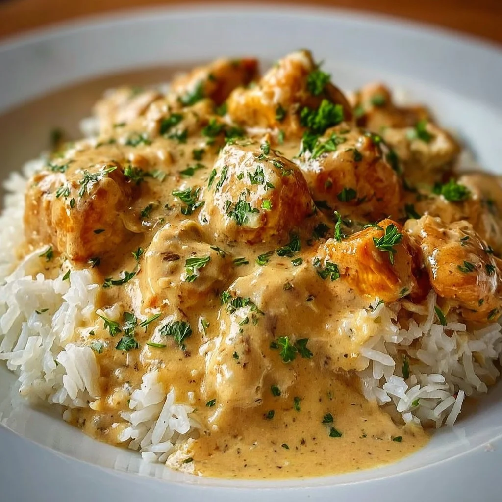 Creamy Smothered Chicken and Rice 3 Delicious creamy smothered chicken and rice served in a bowl