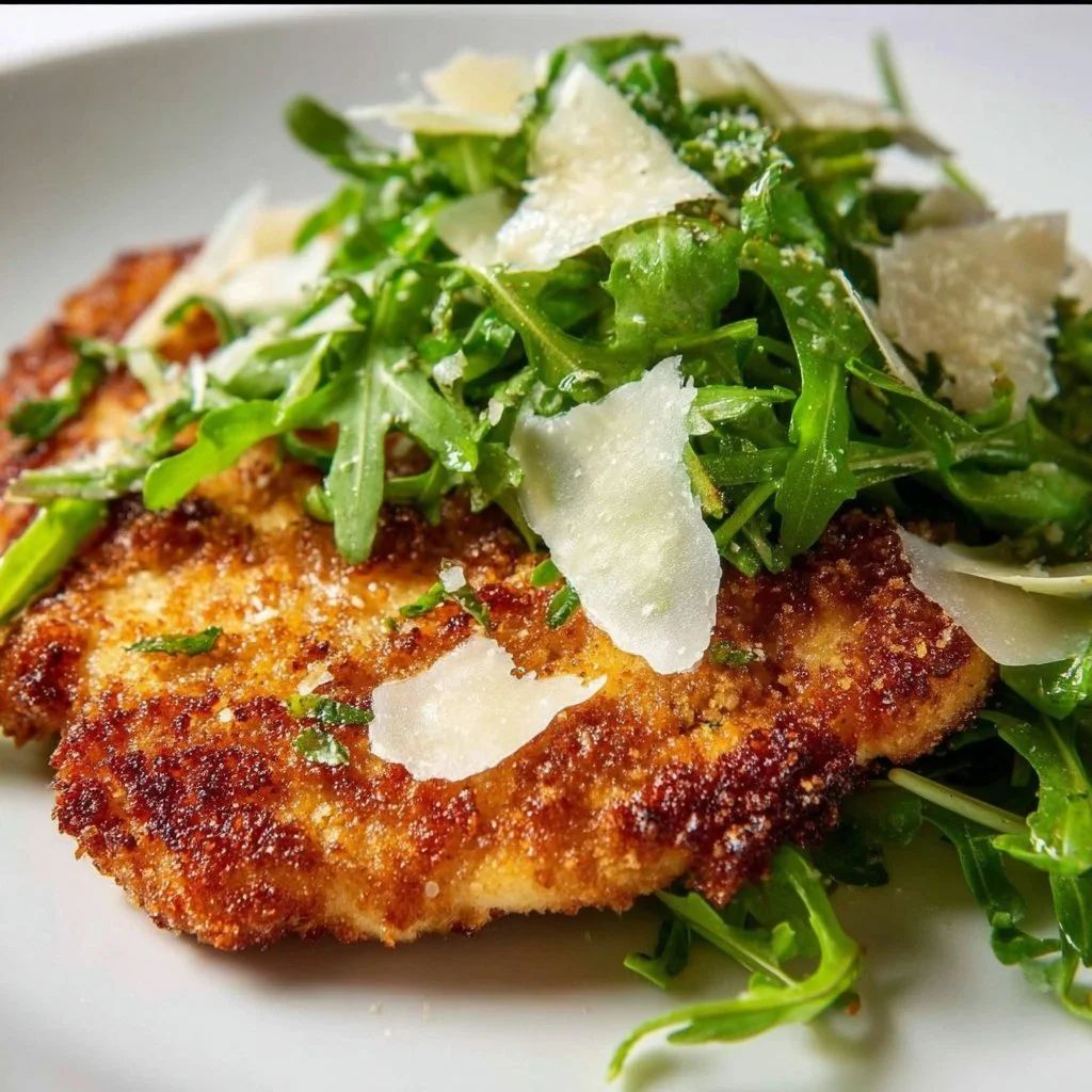 Crispy Fried Chicken Breast with Arugula and Lemon Vinaigrette 3 Crispy fried chicken breast on a plate with arugula and lemon vinaigrette