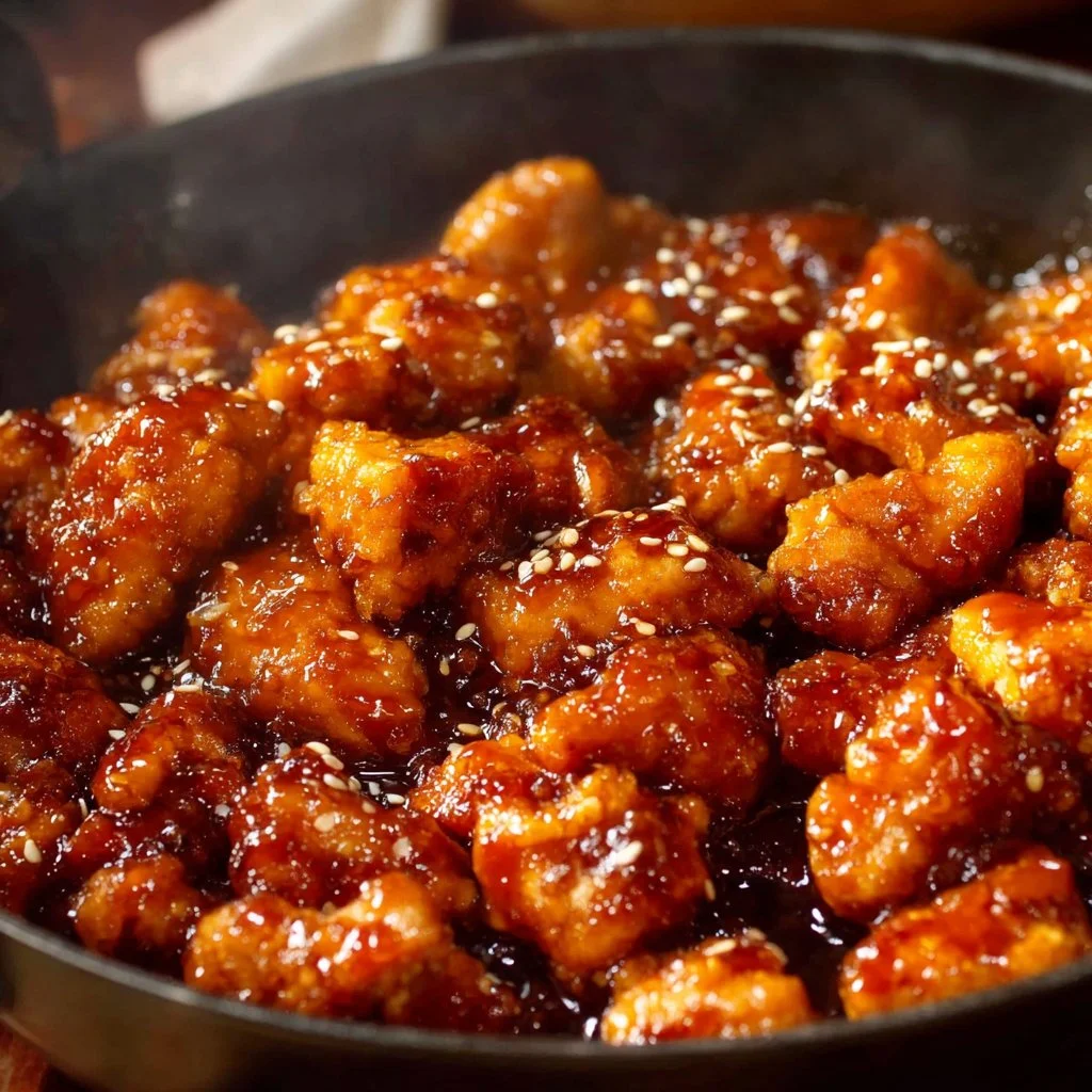 Crispy Sesame Chicken 3 Plate of crispy sesame chicken garnished with sesame seeds and green onions