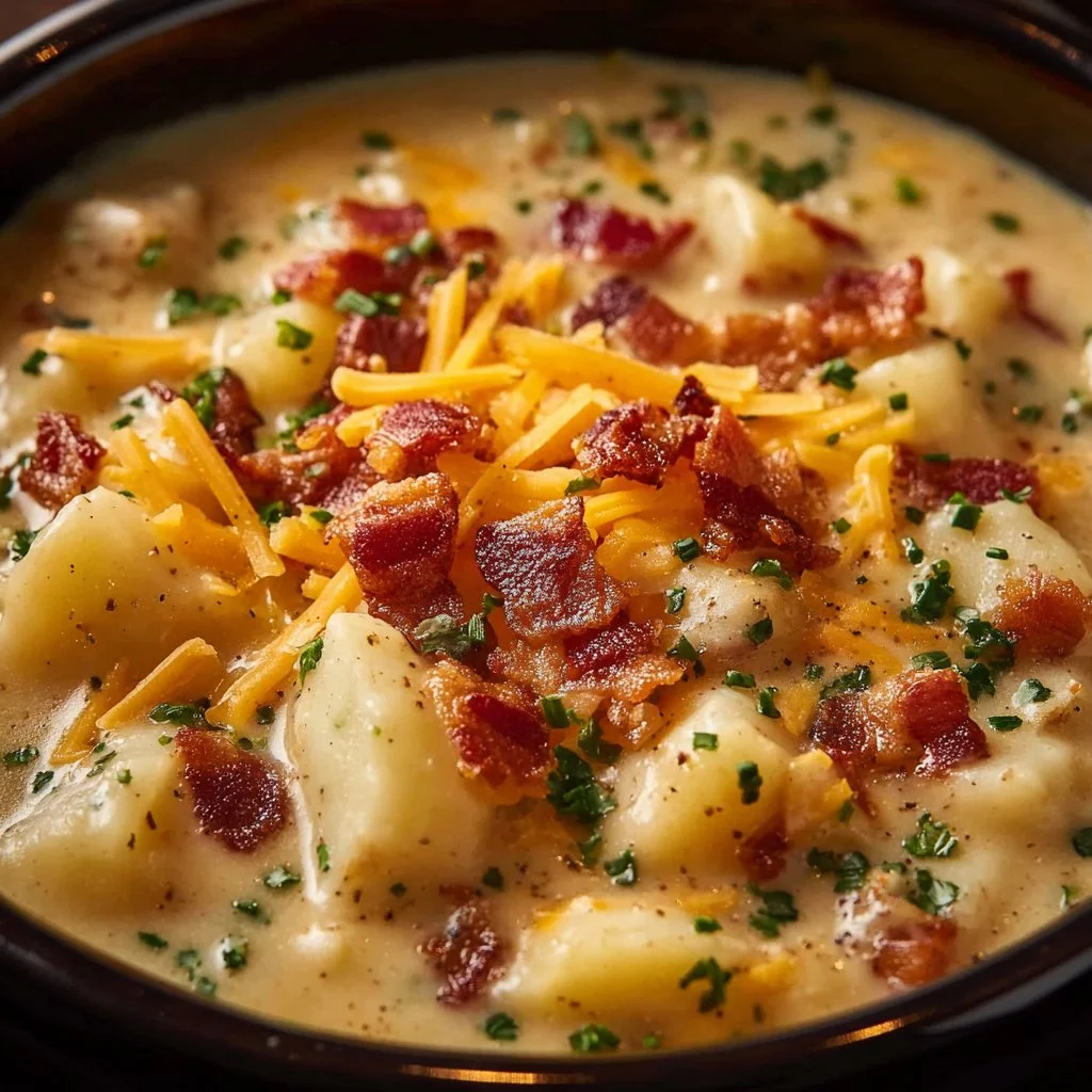 Crock Pot Crack Potato Soup 3 Bowl of Crock Pot Crack Potato Soup garnished with chives and bacon