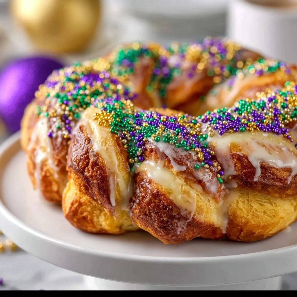 Easy King Cake 3 A delicious slice of homemade Easy King Cake decorated with traditional colors.