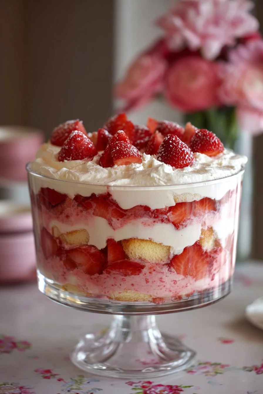 Easy Valentine Trifle Recipe 1 Delicious Easy Valentine Trifle dessert layered with strawberries and cream.