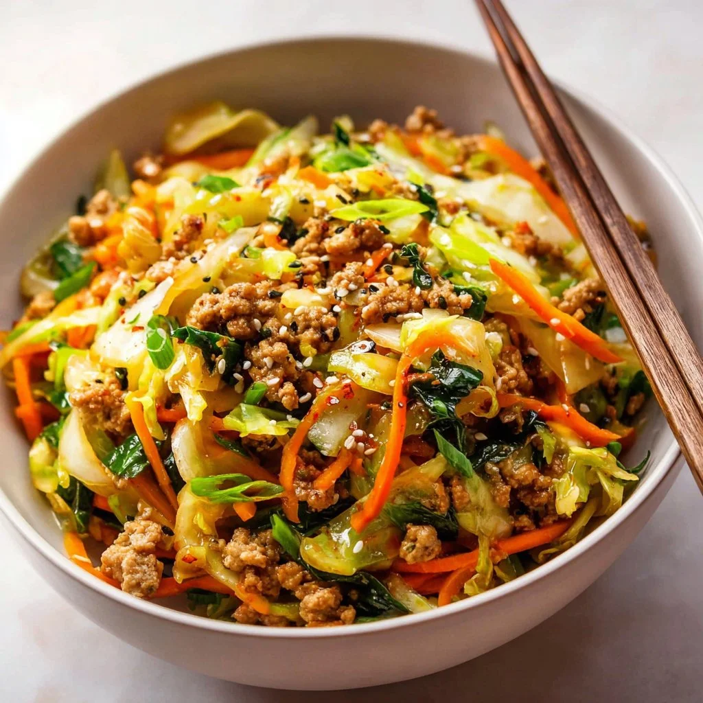Egg Roll in a Bowl 3 Healthy Egg Roll in a Bowl with vegetables and protein on a plate