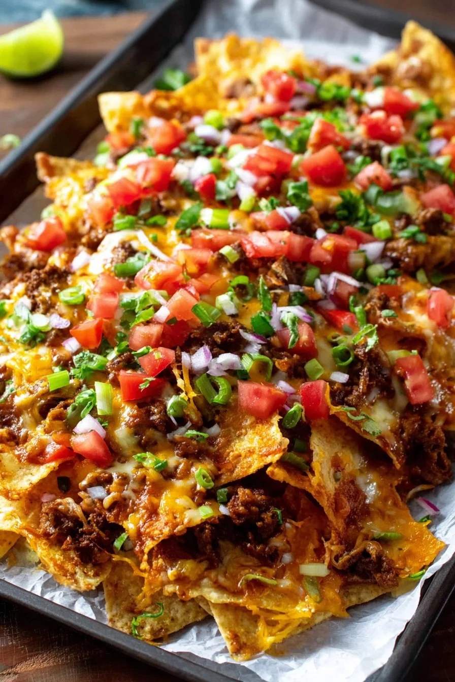 Epic Beef Nachos Supreme 1 Delicious plate of epic beef nachos supreme topped with cheese and toppings