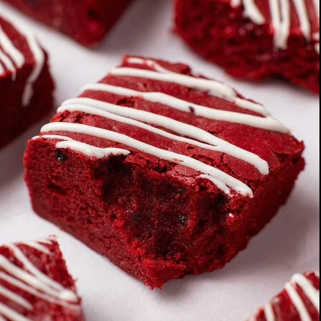 Fudgy Red Velvet Brownies 3 Delicious fudgy red velvet brownies topped with cream cheese frosting.