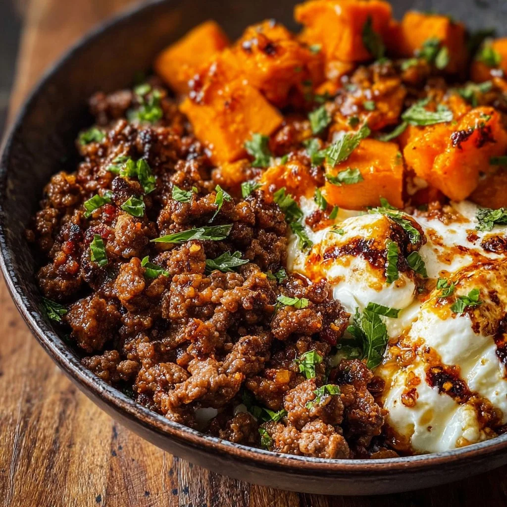 Ground Beef Hot Honey Bowl 3 Delicious Ground Beef Hot Honey Bowl with garnish and spices