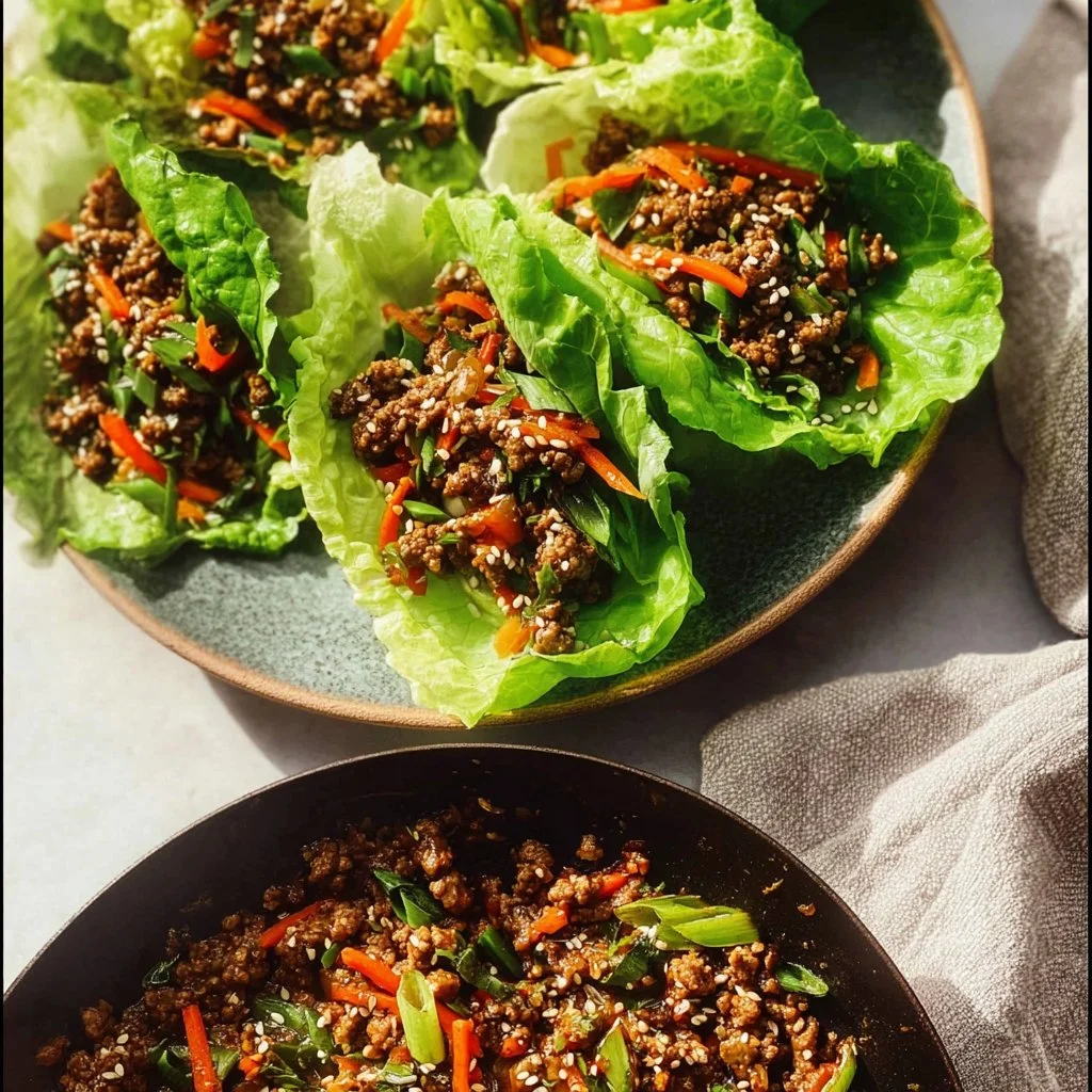 Ground Beef Lettuce Wraps 3 Ground beef lettuce wraps with fresh vegetables and sauce
