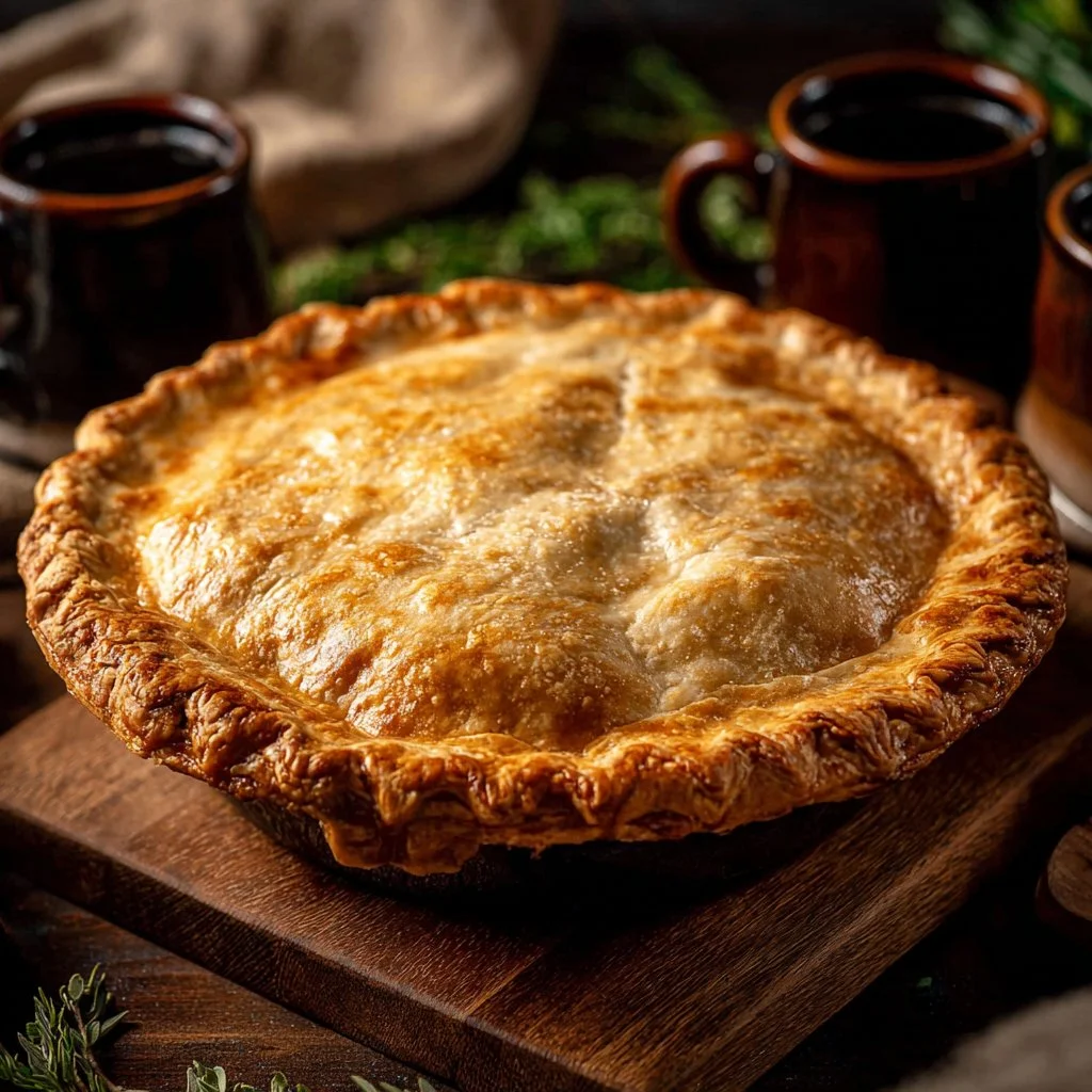 Guinness Beef Pie 3 Delicious Guinness Beef Pie served with vegetables and a side of gravy