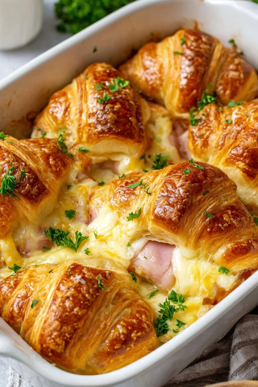 Ham and Cheese Croissants 1 Freshly baked ham and cheese croissants on a wooden board