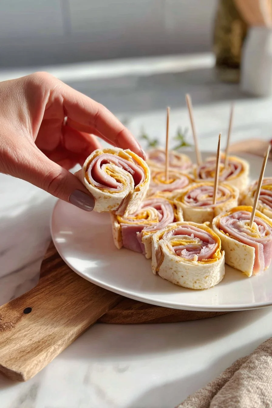 Ham and Cheese Pinwheels 1 Delicious Ham and Cheese Pinwheels appetizer served on a platter