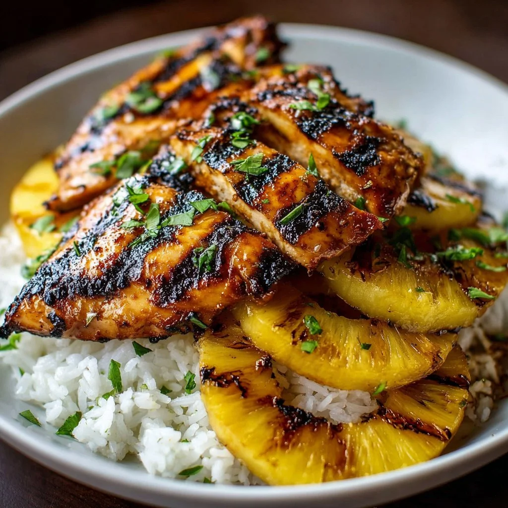 Hawaiian Chicken, Pineapple and Coconut Rice 3 Hawaiian chicken served with pineapple and coconut rice on a plate