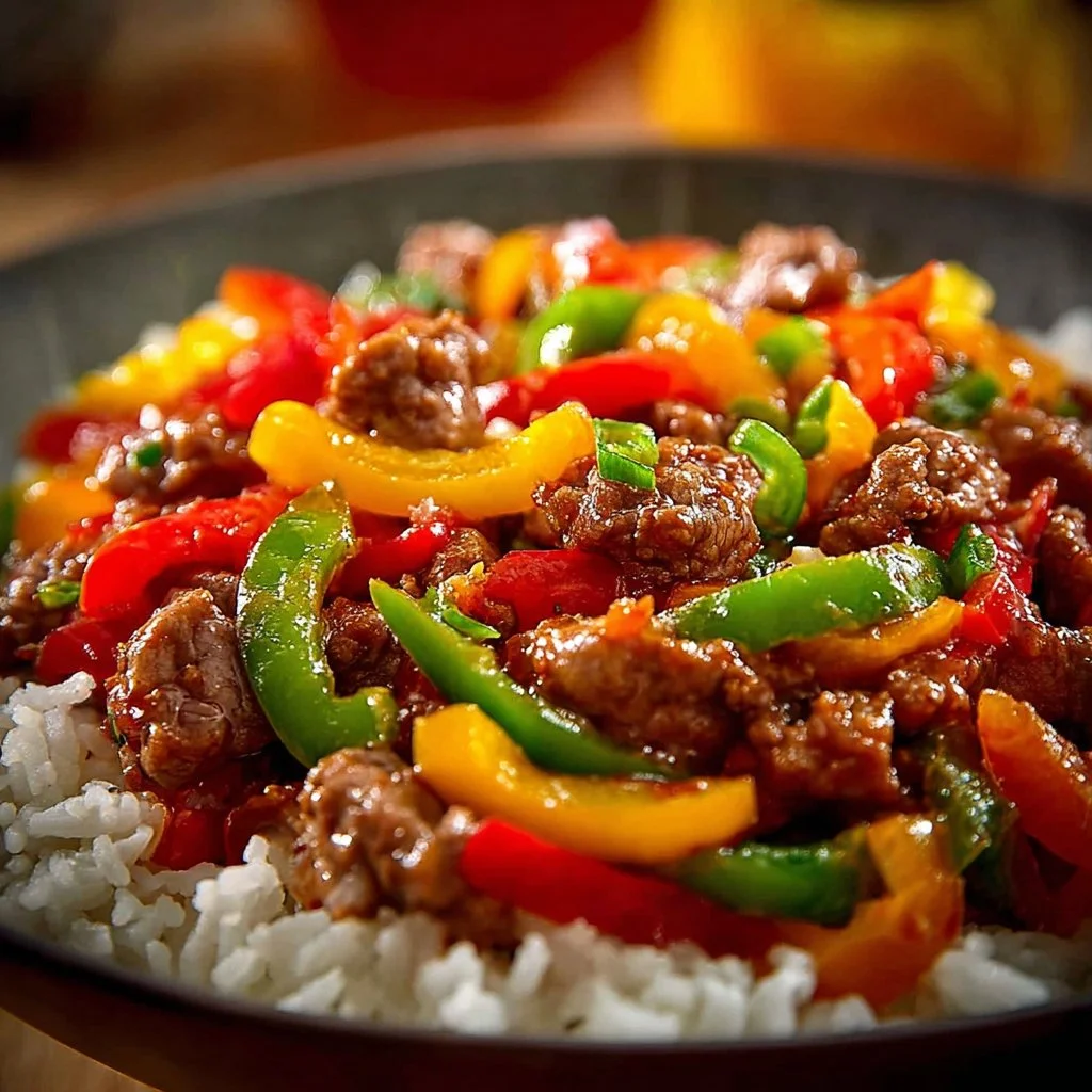 Healthy Beef and Pepper Rice Bowl 3 Healthy beef and pepper rice bowl with colorful vegetables and grains