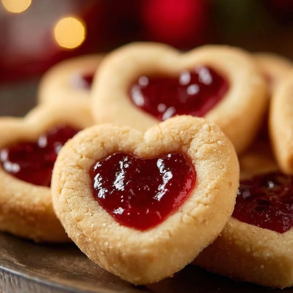 Heart Jam Cookies 3 Freshly baked Heart Jam Cookies with a fruity jam filling and heart shapes.