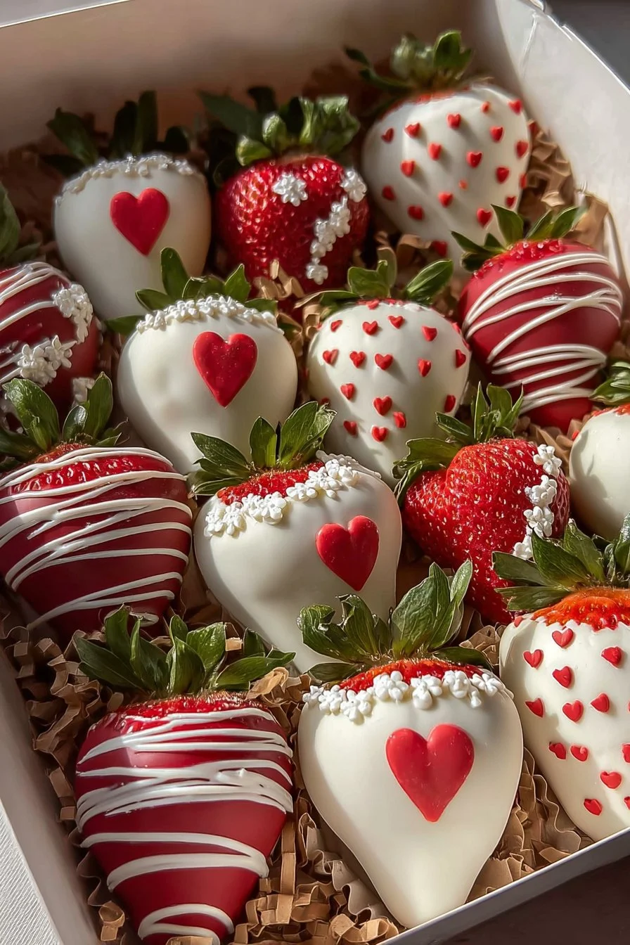 Heart-Shaped Chocolate Covered Strawberries 1 Heart-shaped chocolate covered strawberries for a romantic dessert.