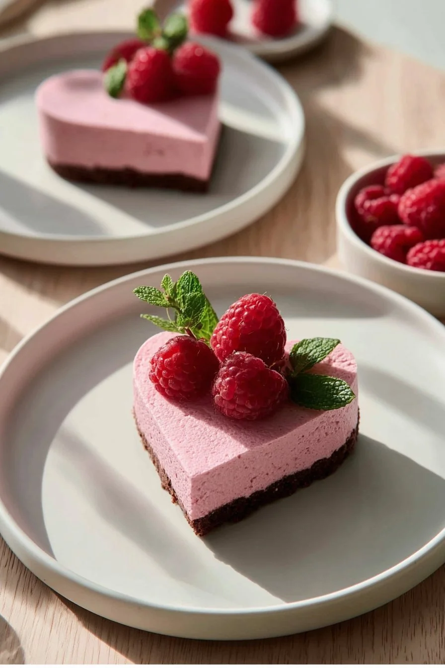 Heart-Shaped Raspberry Mousse and Brownies 1 Heart-shaped raspberry mousse served with brownies on a decorative plate.