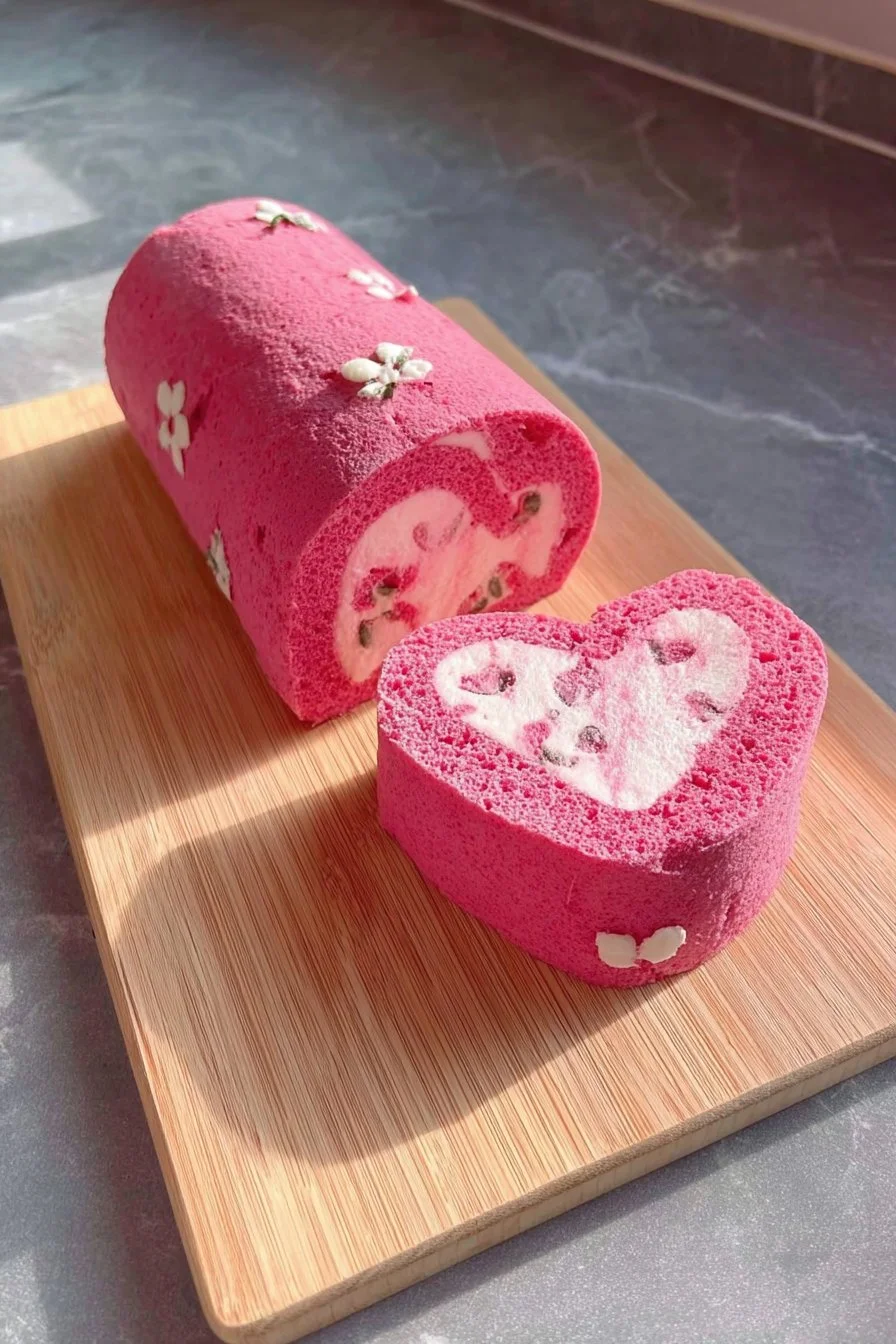 Heart-Shaped Swiss Roll 1 Delicious heart-shaped Swiss roll filled with cream and berries, perfect for dessert.