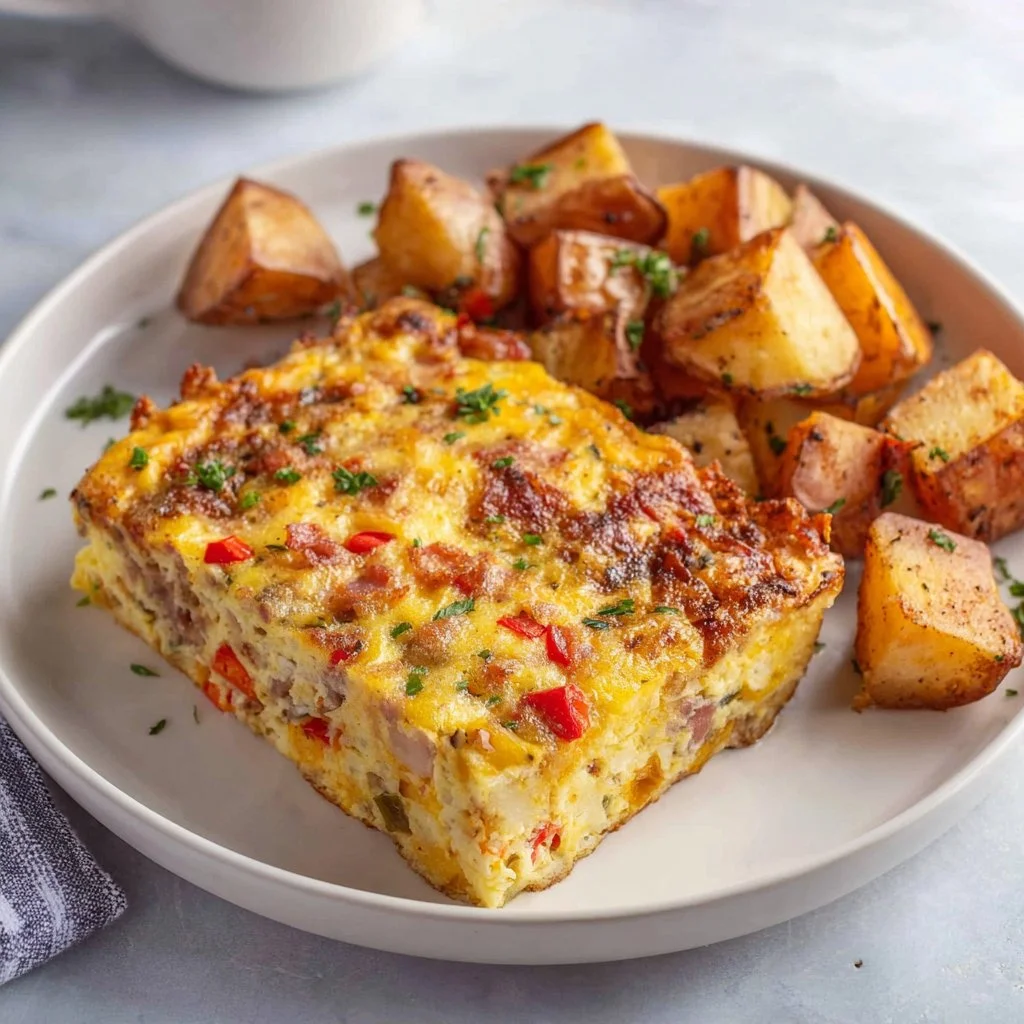 High Protein Bacon Breakfast Casserole 3 High protein bacon breakfast casserole baked in a dish with crispy bacon on top