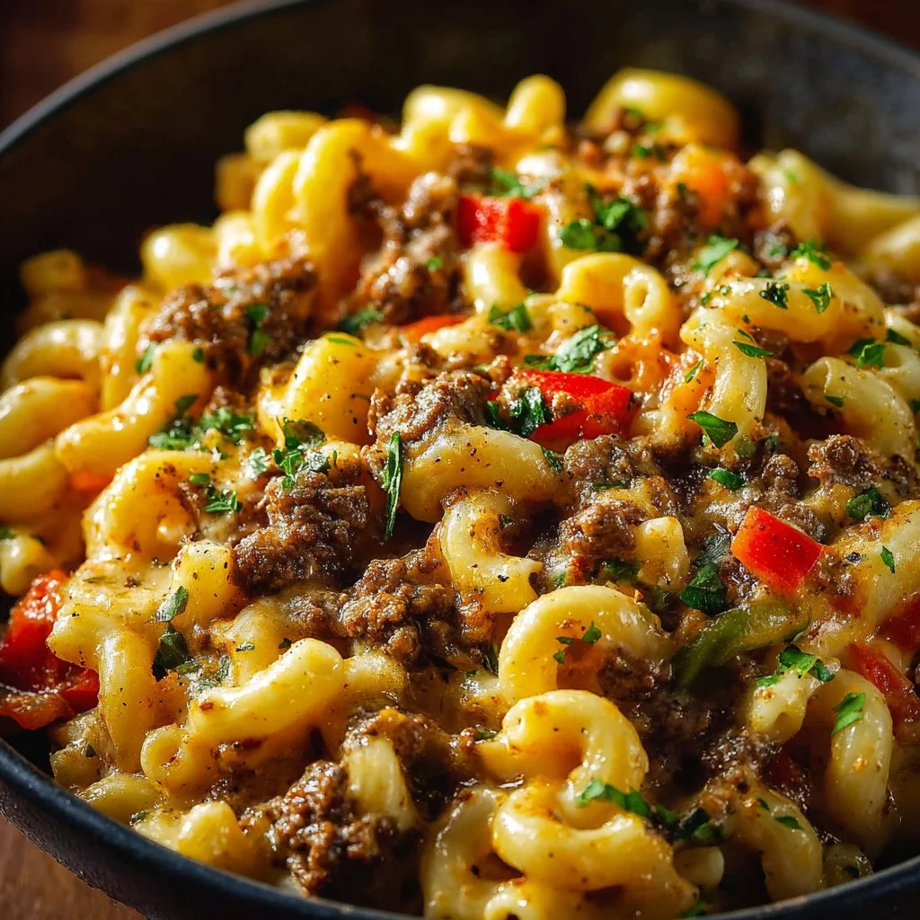 High-Protein Creamy Philly Cheesesteak Mac & Cheese 3 High-protein creamy Philly cheesesteak mac and cheese dish served in a bowl