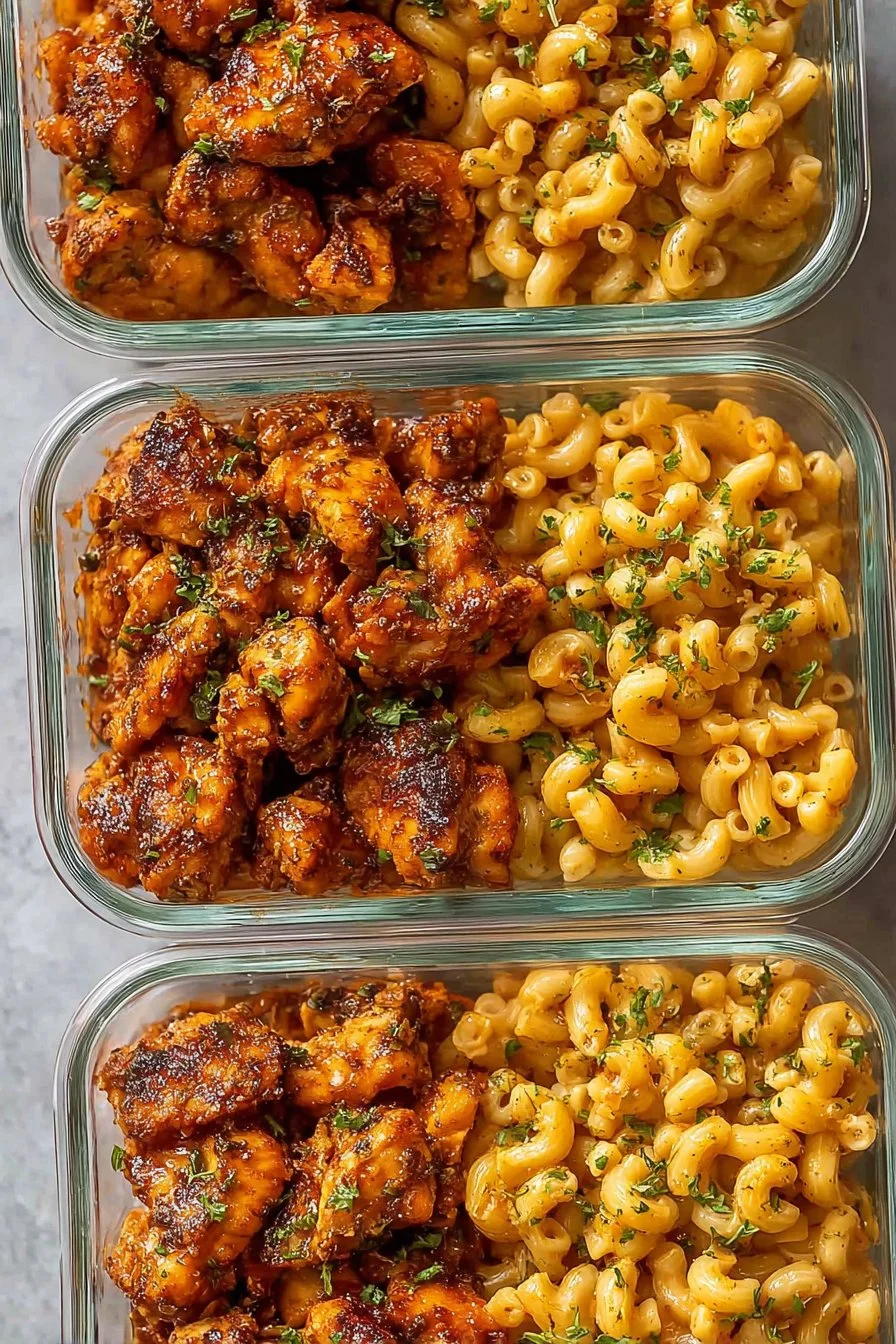 High-Protein Honey Garlic Butter Chicken with Mac & Cheese 1 High-protein honey garlic butter chicken dish with mac and cheese.