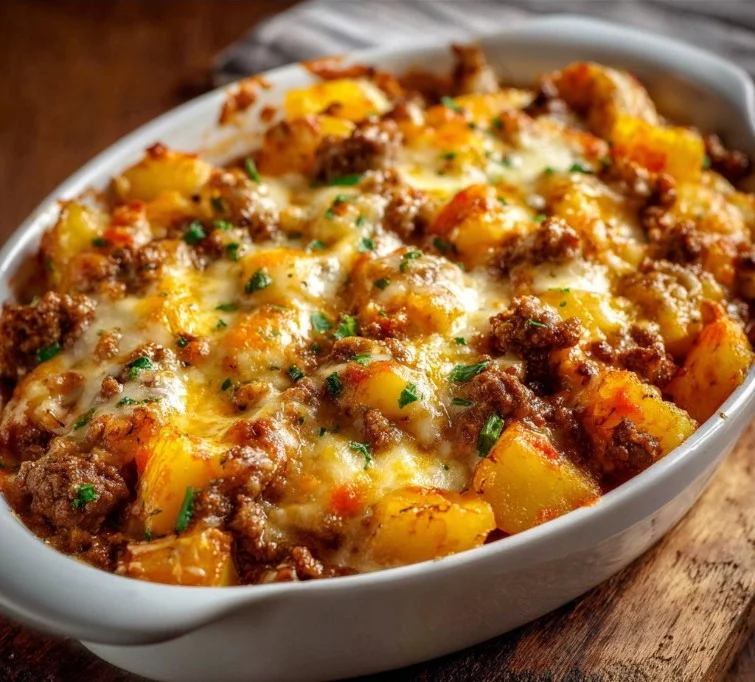 Hobo Casserole 3 Delicious Hobo Casserole with ground beef, potatoes, and vegetables in a baking dish.