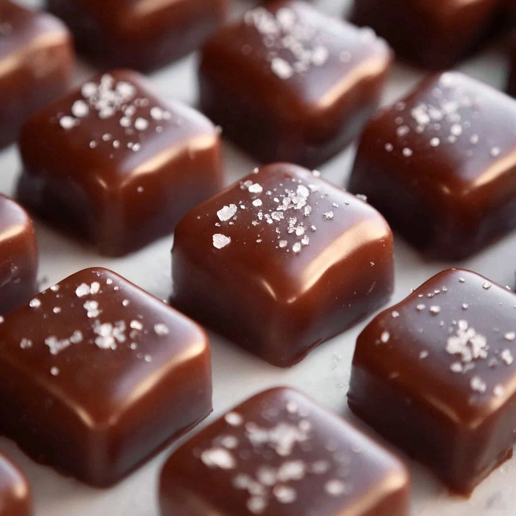 Homemade Dark Chocolate Caramels 3 Delicious homemade dark chocolate caramels on a marble countertop