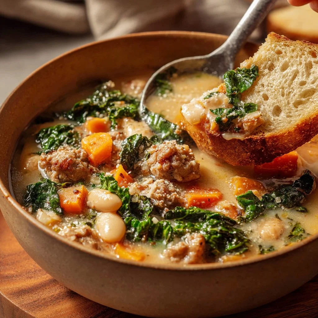 Italian Sausage and White Bean Soup 3 Bowl of Italian Sausage and White Bean Soup garnished with herbs