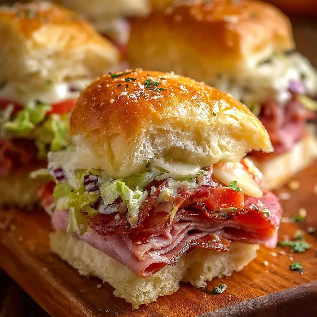 Italian Sliders 3 Delicious Italian Sliders served on a platter with flavorful ingredients