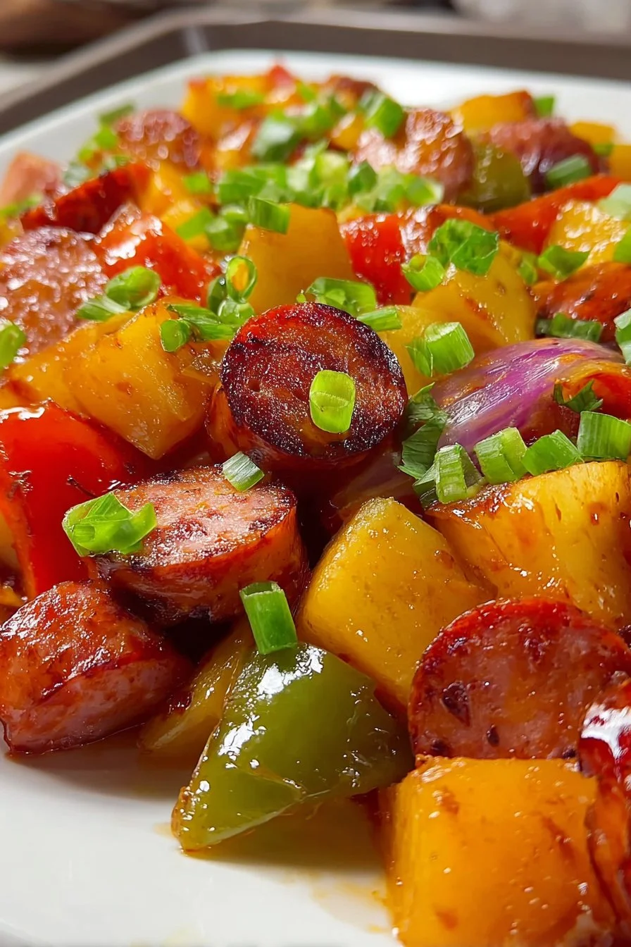 Kielbasa Sheet Pan Meal 1 Kielbasa sheet pan meal with colorful vegetables ready to serve.