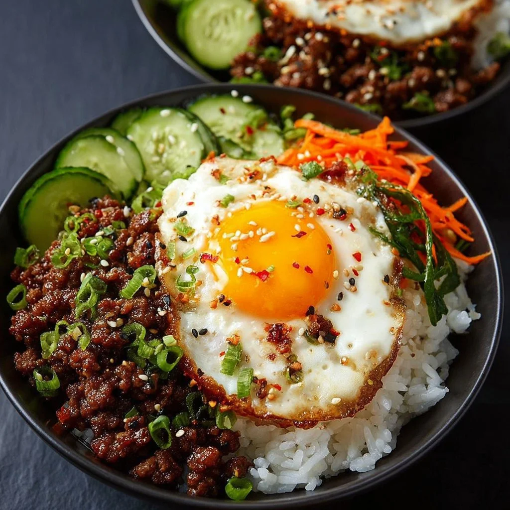 Korean Ground Beef Bowl 3 Korean Ground Beef Bowl served with rice and vegetables