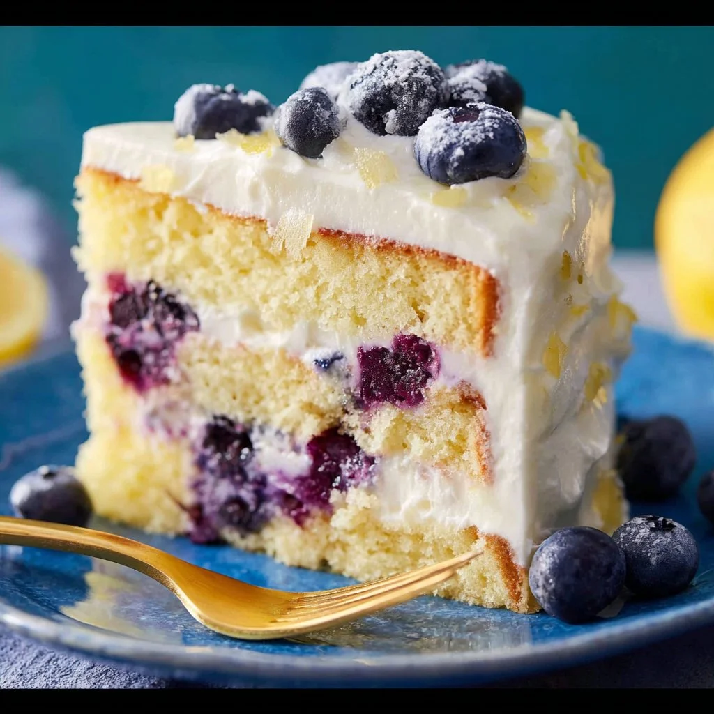 Lemon Blueberry Cake 3 Slice of lemon blueberry cake with fresh blueberries and lemon zest on top