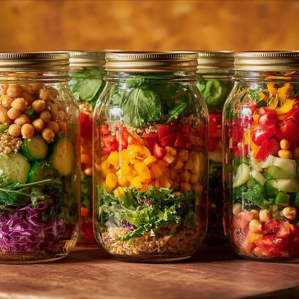 Mediterranean Mason Jar Salad 3 Colorful Mediterranean Mason Jar Salad with fresh vegetables and dressing