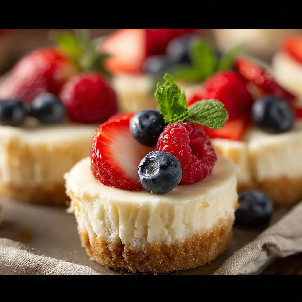 Mini Cheesecakes 3 Delicious mini cheesecakes with various toppings on a dessert table