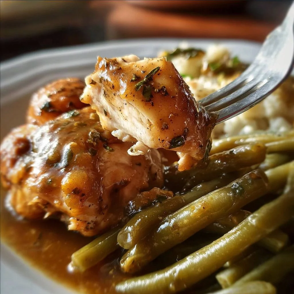 Mississippi Chicken 3 Delicious plate of Mississippi Chicken garnished with herbs and served with sides