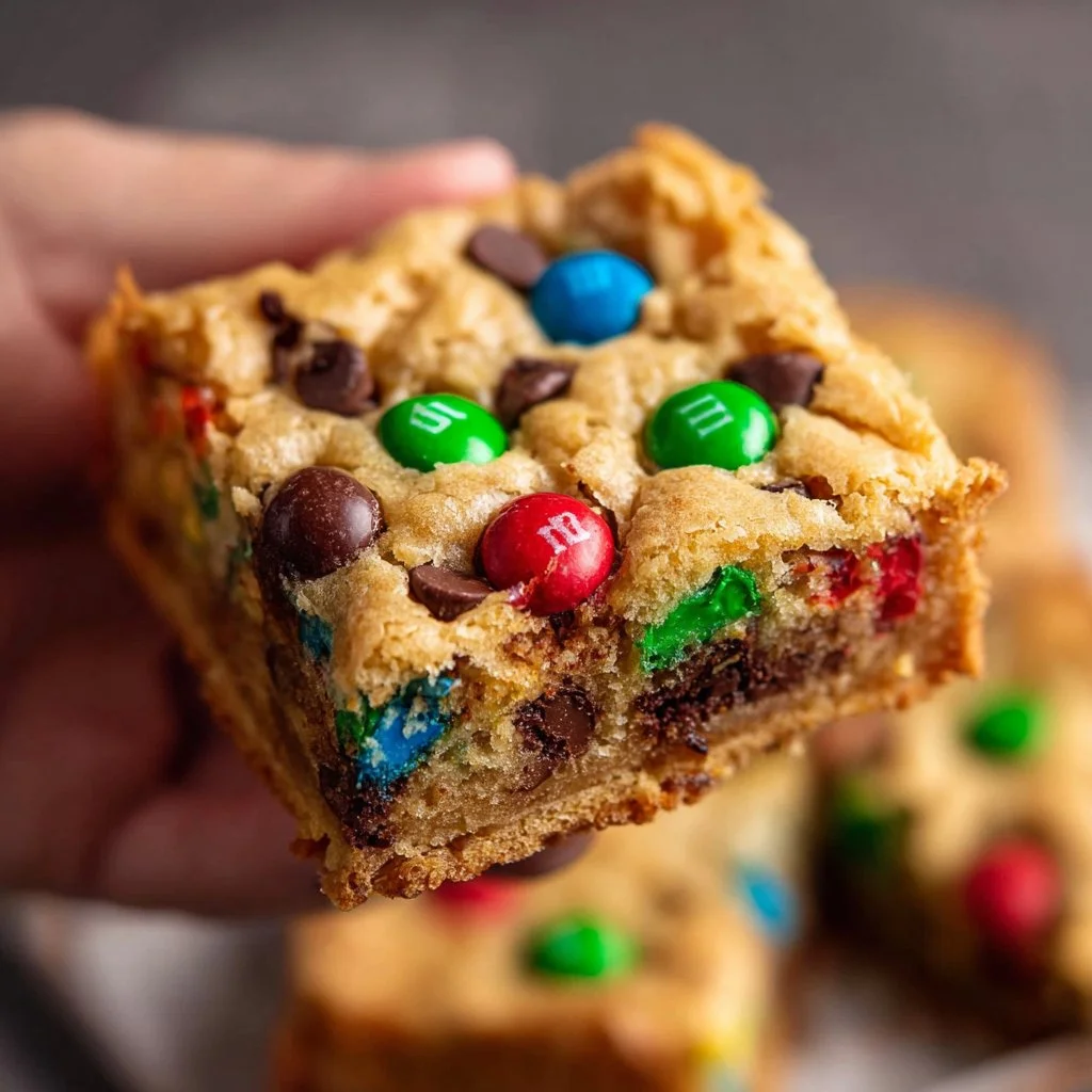 M&M'S Chocolate Chip Cookie Bars Recipe 3 Delicious M&M'S chocolate chip cookie bars served on a plate