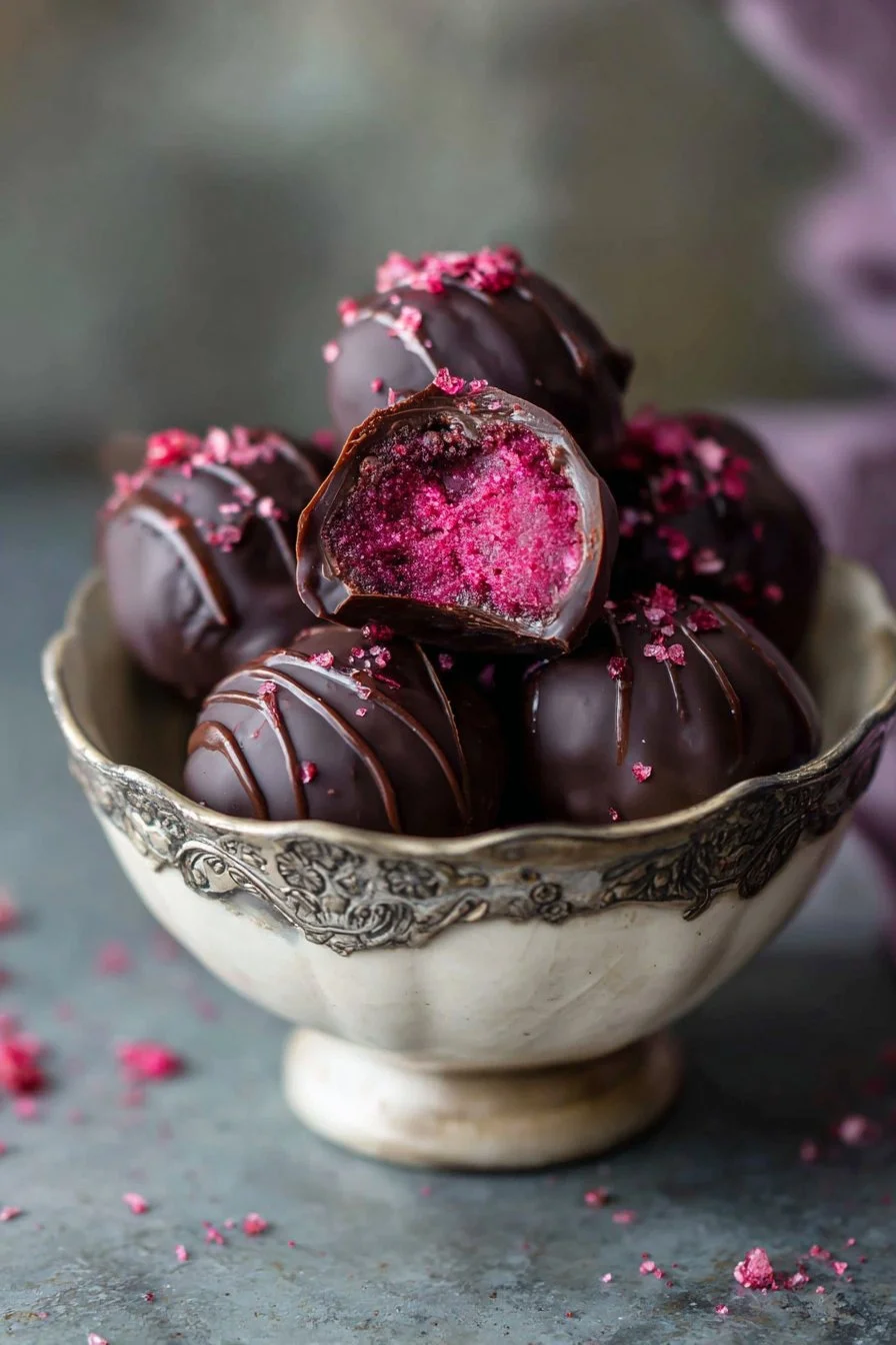 Raspberry Chocolate Truffles 1 Delicious Raspberry Chocolate Truffles arranged on a plate