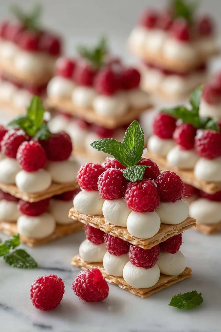 Raspberry Cream Napoleons 1 Raspberry Cream Napoleons with layers of puff pastry and raspberry cream filling.