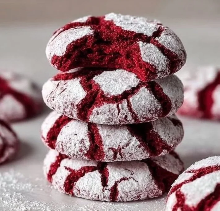 Red Velvet Crinkle Cookies 3 A batch of delicious Red Velvet Crinkle Cookies with a dusting of powdered sugar.